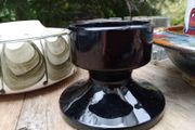 Black glass candlestick, mid century candle holder