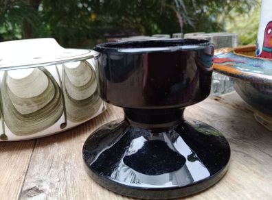 Black glass candlestick, mid century candle holder
