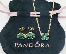 Pandora 4 Leaf Clover Gold P Pendant Necklace & Earrings Set New