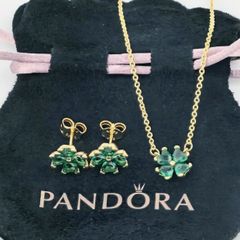 Pandora 4 Leaf Clover Gold P Pendant Necklace & Earrings Set New