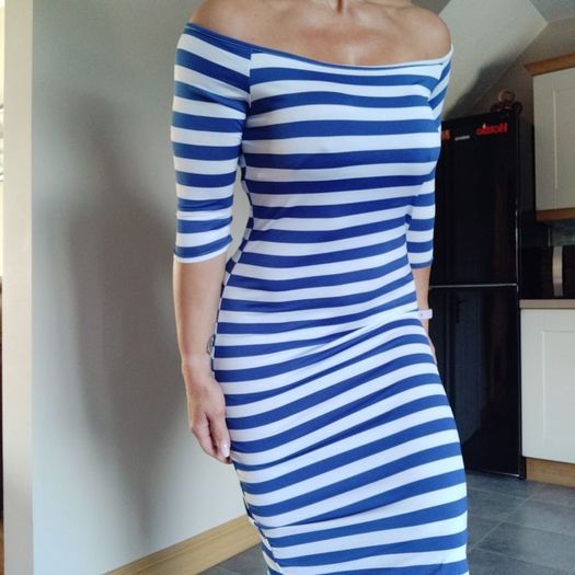 White Blue Striped open shoulder bodycon dress, size S