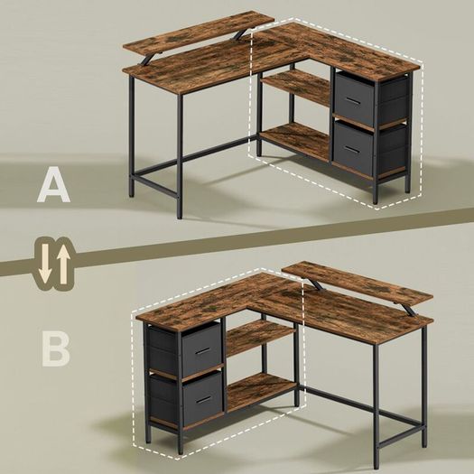 L-Shaped Corner Desk with Drawers & Monitor Shelf