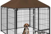 Outdoor Dog Kennel Puppy Play Pen with Canopy Garden Playpen Fence Crate Enclosure Cage Rotating Bowl 141 x 141 x 151 cm