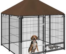 Outdoor Dog Kennel Puppy Play Pen with Canopy Garden Playpen Fence Crate Enclosure Cage Rotating Bowl 141 x 141 x 151 cm