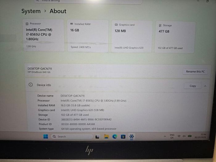HP EliteBook laptop 840 G6 | i7-8565U | 14-inch  16 GB RAM | 512 GB SSD | Webcam | Win 11 Pro | UK
