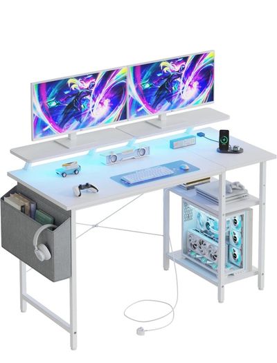 Gaming Desk with LED Lights & Power Outlets, Reversible