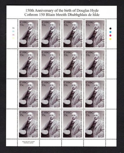 2010 Ireland 150th Anniversary of the Birth of Douglas Hyde (President of Ireland 1938-45)  Commemorative Stamps Sheetlet Plate 1A1A1A1A Mint Never Hinged (MNH)