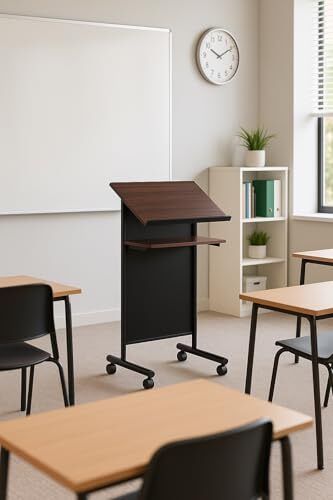 Audio-Visual Direct Wheeled Lectern Podium Standing Desk with Storage Shelf - Cherry/Black Ideal for Presentations and Laptop Use