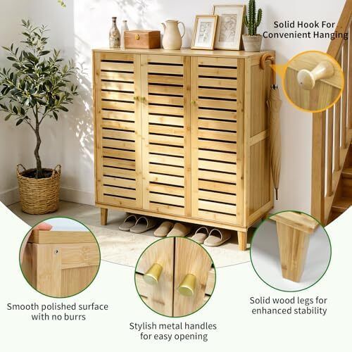 Bamboo Shoe Storage Cabinet Wooden Shoes Rack Organiser with Slatted Doors