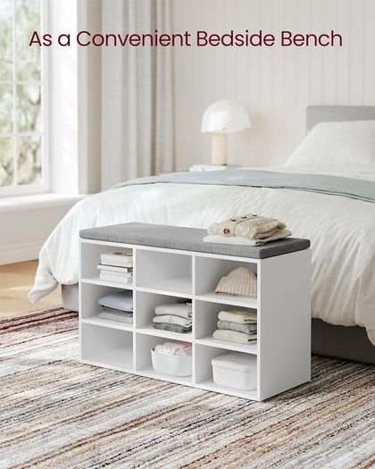 New 9 Compartment Shoe Bench With Padded Stool (White) FREE P&P