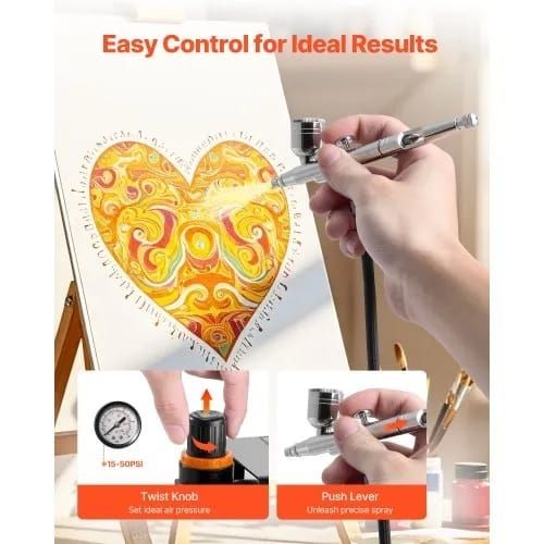 Airbrush Kit, 1/6 HP, Air Brush Kit with Air Compressor, 1 Dual-Action Professional Airbrush with 3 Tips, Hose, Acrylic Paint, Brush, Low Noise, for Cake Decorating, Model Painting, Nail Art