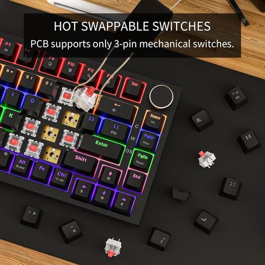 GM326 Mechanical Keyboard,Wired Gaming Keyboard,75% Percent TKL Hot Swappable Compact LED Backlit USB C Mechanical Gaming Keyboards with Knob for PC Windows Mac,QWERTY Layout,Black,Red Switches