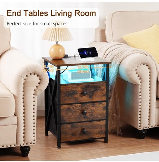 Bedside Table Set of 2 with Charging Station