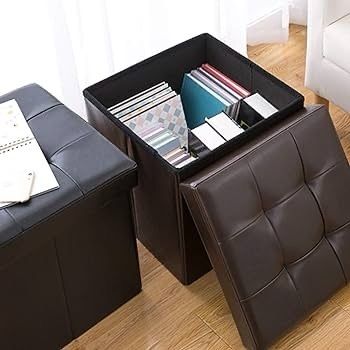 NEW SALE | Folding Ottoman Storage Box with Lid, Faux Leather Footstool Toy Storage Box Storage Seat 38 x 38 x 38 cm
