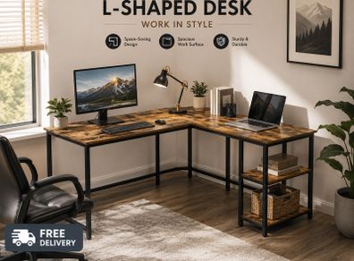 L Shaped Computer Desk with Storage Shelves Corner  Home Office Desk