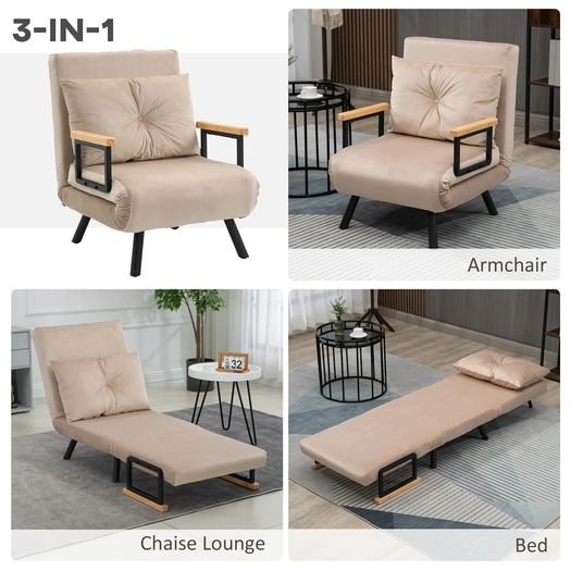 4 in 1 Velvet Feel Single Chair Bed, with Throw Pillow