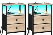 Bedside Table with LED Light, Small Side Table with Charging Station