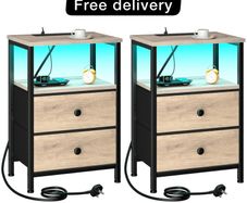 Bedside Table with LED Light, Small Side Table with Charging Station
