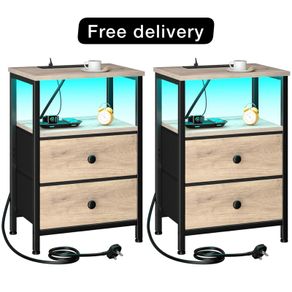 Bedside Table with LED Light, Small Side Table with Charging Station