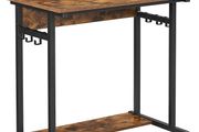 _Computer Desk with Wheels with Monitor Attachment 6 Hooks 80 x 50 x 90 cm Industrial Design Vintage Brown/Black