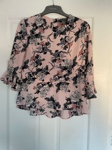 Penneys pink black floral print ruffle blouse size 10