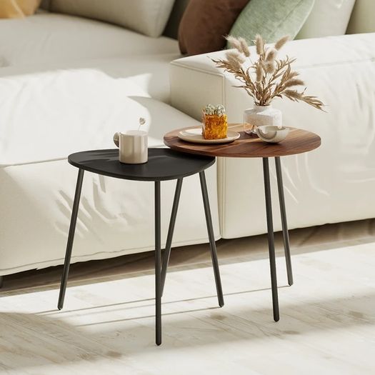 Set of 2 nesting coffee tables, contemporary metal frame side tables, round and triangular, walnut and black