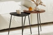 Set of 2 nesting coffee tables, contemporary metal frame side tables, round and triangular, walnut and black