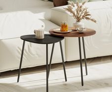 Set of 2 nesting coffee tables, contemporary metal frame side tables, round and triangular, walnut and black