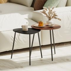 Set of 2 nesting coffee tables, contemporary metal frame side tables, round and triangular, walnut and black