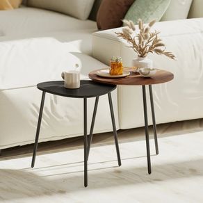 Set of 2 nesting coffee tables, contemporary metal frame side tables, round and triangular, walnut and black