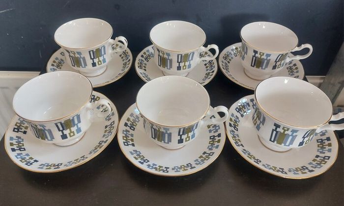 Fabulous Vintage China Set of Six Duos by Royal Kent Bone China in a Cool Vintage Retro Abstract 70s Pattern