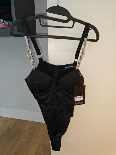 Black Diamante Strap V Bar Bodysuit size 12UK