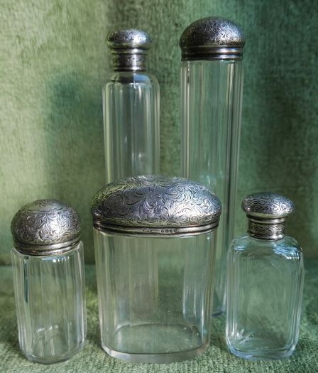Antique Edwardian 1800s Set 5 Sterling Silver Cut Glass Vanity Pin Bottles Jars