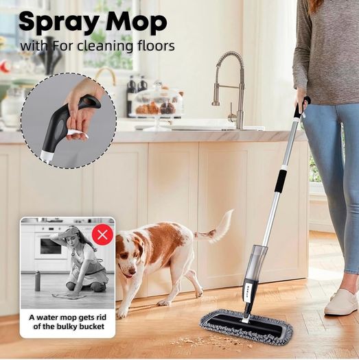 Spray Mops for Cleaning Floors-Microfibre Flat Mop with Sprayer FLoor Mop Wet Dry Floor Mop for House Cleaning with 2 Reusable Replacement Pads and 1 Refillable Bottle