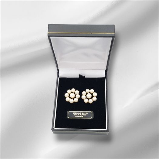 Vintage Gold Plated Faux Pearl Sterling Silver Earrings In Original Box