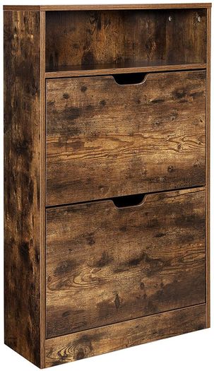 Shoe cabinet with 2 flaps, shoe rack, shoe tipper, shoe chest with 2 compartments, shoe racks, in the hallway, for 8-12 pairs of shoes, space-saving, 60 x 30 x 95 cm, vintage brown-black
