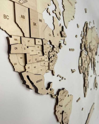 3D Classic Wooden World Map with Country Borders Country Names Capital Names US and Canada Borders and Names 3D Map Effect