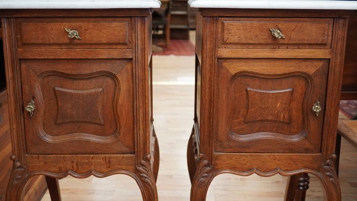 Pair of Antique Oak Marble Top Bedside Cabinets