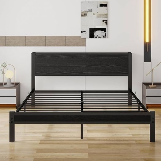 King Size Bed Frame with Wooden Storage Headboard, Metal Bed Frame King Size Bed Base/Mattress Foundation, Enhanced Support Noise Free, Black