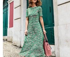 Boden Ava Jersey Midi Dress Green Pink Ditsy Floral Short Sleeve