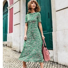 Boden Ava Jersey Midi Dress Green Pink Ditsy Floral Short Sleeve