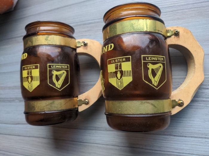 IRELAND good luck good health brown glass mugs with wooden handles