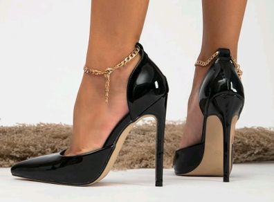 Black shiny leather stilettos with gold ankle chains, size 39