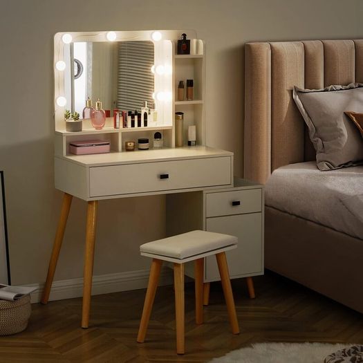 Dressing Table with Hollywood LED Mirror, Light Adjustable Brightness, Dressing Table, Padded Stool Set, White, Wooden Cosmetic Table with Drawer and Storage Cabinet