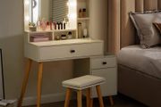 Dressing Table with Hollywood LED Mirror, Light Adjustable Brightness, Dressing Table, Padded Stool Set, White, Wooden Cosmetic Table with Drawer and Storage Cabinet