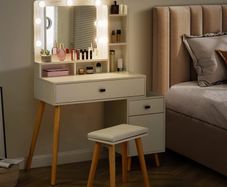 Dressing Table with Hollywood LED Mirror, Light Adjustable Brightness, Dressing Table, Padded Stool Set, White, Wooden Cosmetic Table with Drawer and Storage Cabinet