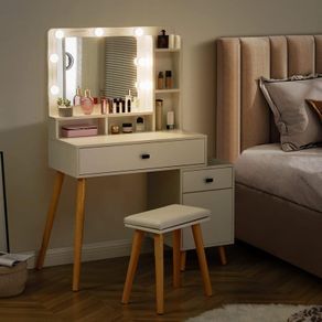 Dressing Table with Hollywood LED Mirror, Light Adjustable Brightness, Dressing Table, Padded Stool Set, White, Wooden Cosmetic Table with Drawer and Storage Cabinet