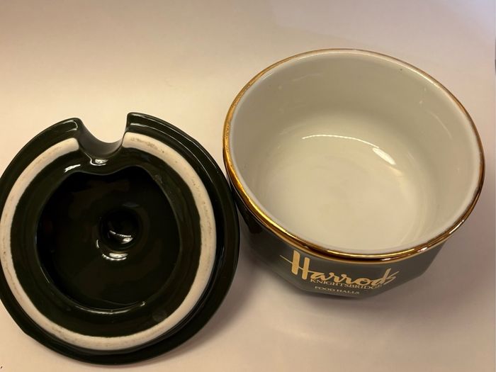 Vintage Harrods Food Halls Apilco France Lidded Preserve Pot / Sugar Bowl Green & Gold