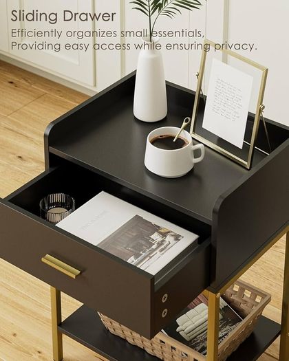 Bedside Table, 3-tier Modern Bedside Table with Storage Drawer and Shelf, Small Side Table for Bedroom, Living Room, Black
