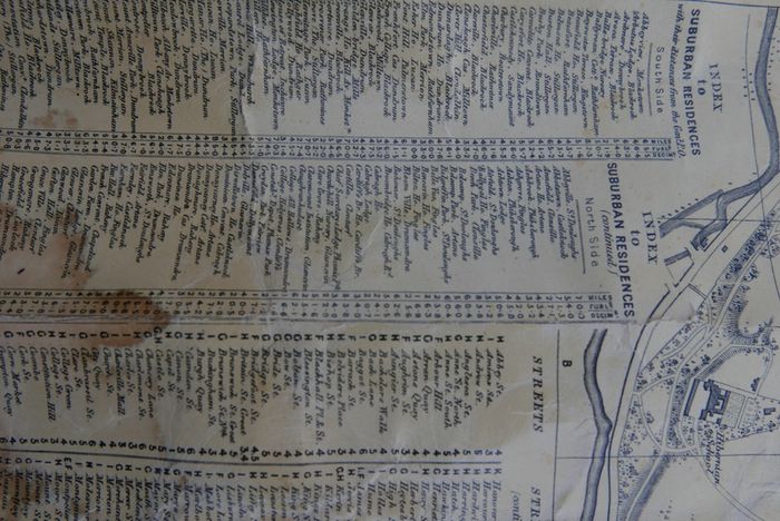 Antique DUBLIN. Map of Dublin & Suburbs with 22 vignettes of Dublin landmarks. Published by Edward Heffernan, 1st June, 1868, 12 Charleville Road, Rathmines. 28" x 22,5". Linen backed. Frayed at edges